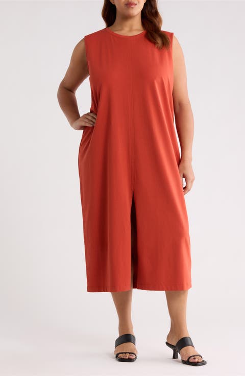 Sleeveless Stretch Cotton Jersey Midi Dress (Plus)