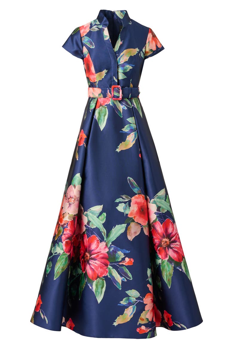 Floral Belted Mikado Gown, Alternate, color, NAVY MULTI
