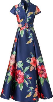 Adrianna Papell Floral Belted Mikado Gown