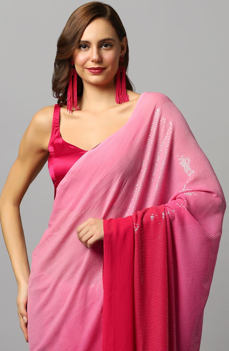 One Minute Saree<sup>®</sup> Ashley Luxe Fuchsia Ombre Georgette Sequins Pre-Draped Ready to Wear Sari, Alternate, color,