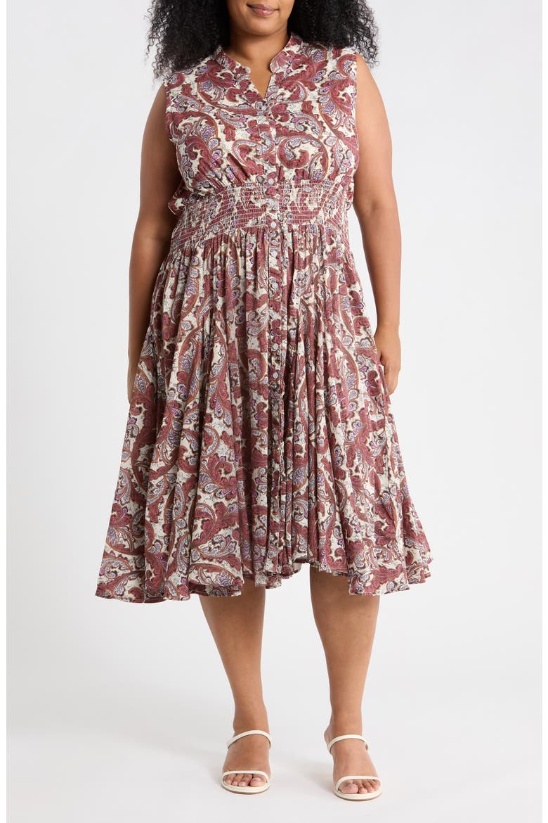 Sleeveless Button Front A-Line Dress, Main, color, FEATHER PAISLEY