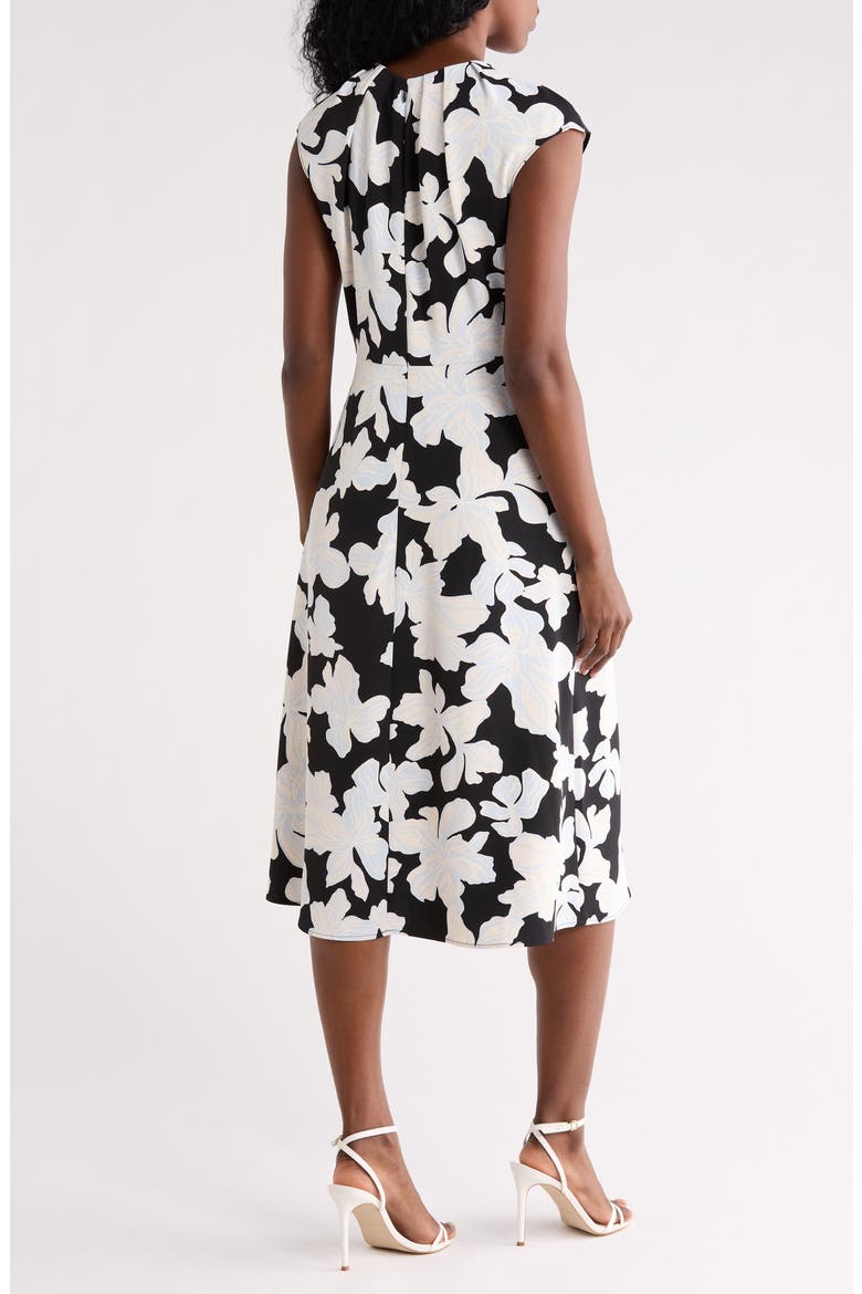 Floral Pleat Neck Cap Sleeve Midi Sheath Dress, Alternate, color, BLACK- BLUE CHLOE ABSTRACT