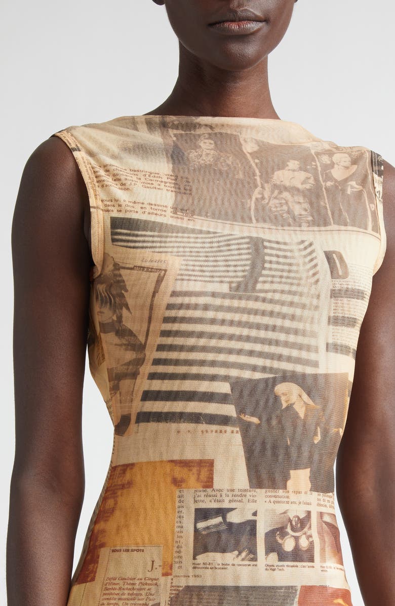 Jean Paul Gaultier Newspaper Print Open Back Mesh Body-Con Dress, Alternate, color, Ecru/ Light Grey/ Red
