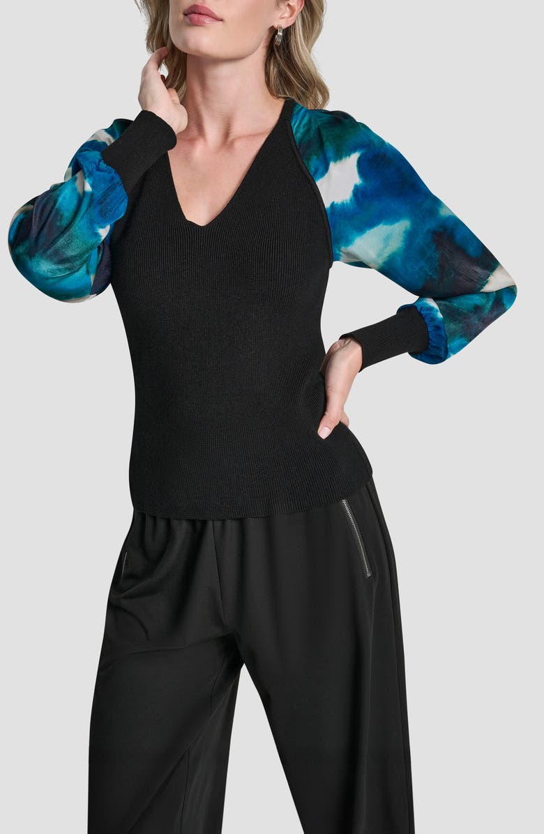 DKNY Printed Sleeve Mixed Media Sweater, Main, color, 