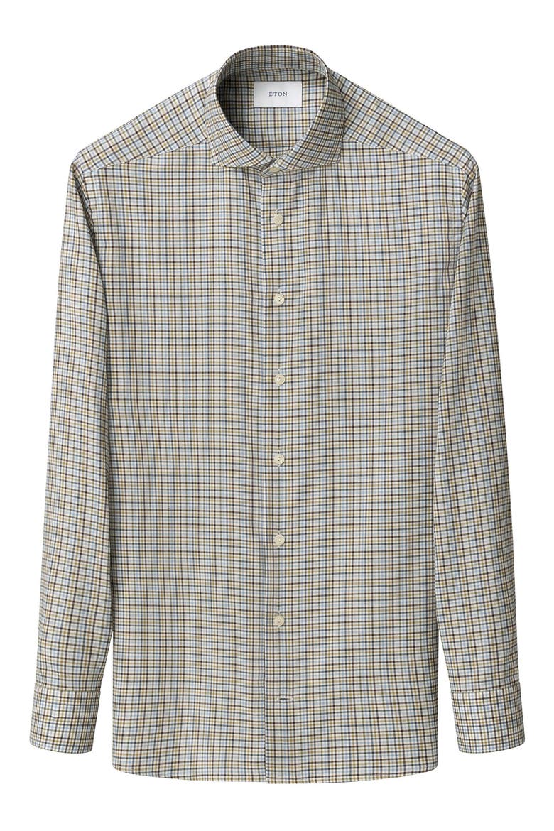 Contemporary Fit Mixed Check Cotton Flannel Dress Shirt, Alternate, color, BLUE/ BROWN MULTI