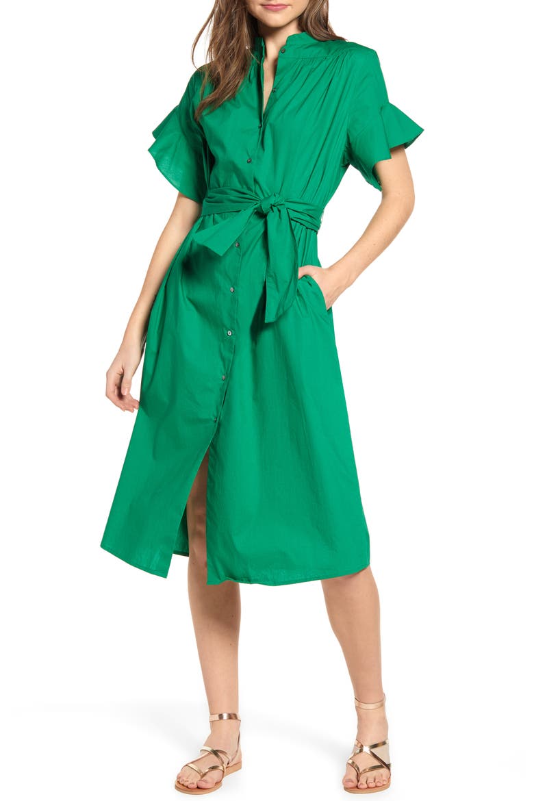 Ruffle Sleeve Tie Front Cotton Dress, Main, color, PALM GREEN
