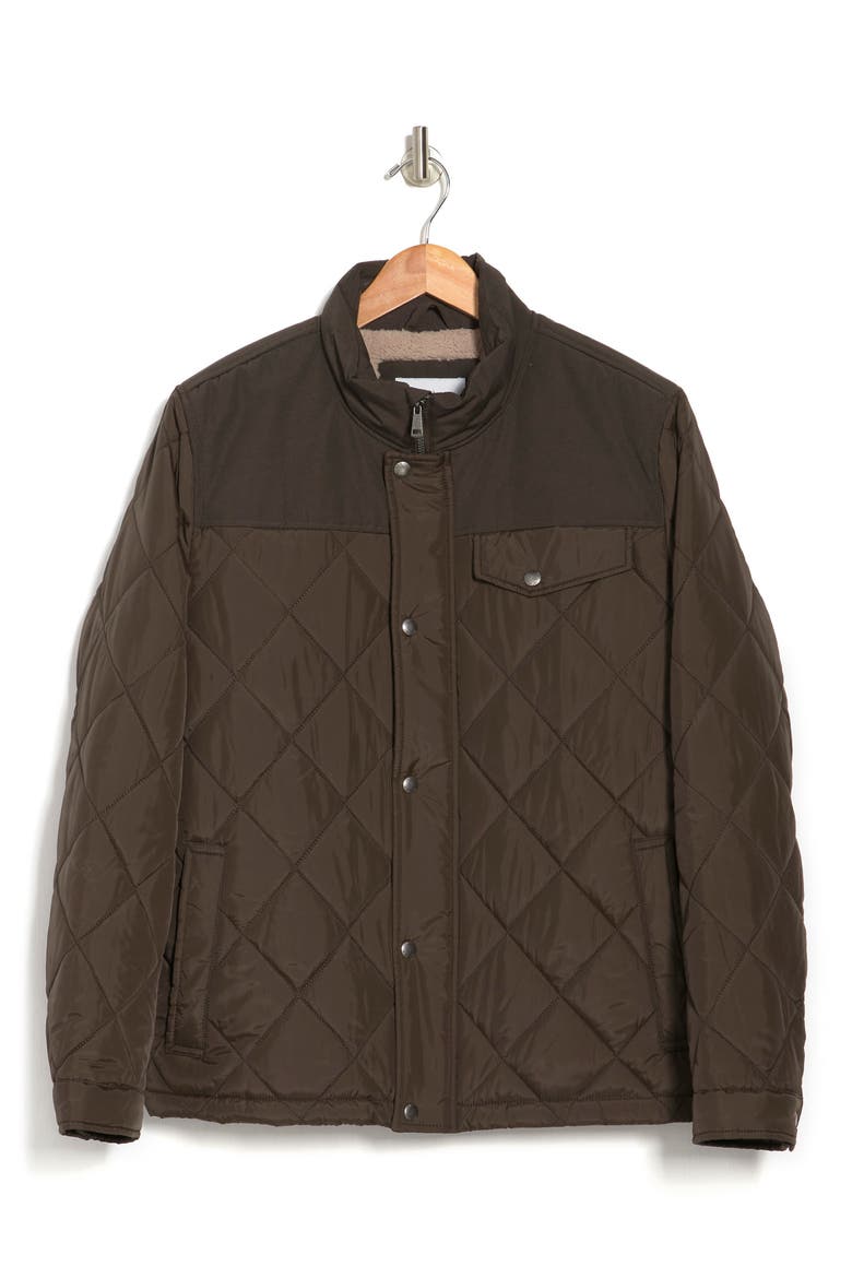 COLE HAAN Mixed Media Faux Shearling Lined Diamond Quilted Jacket, Alternate, color, OLIVE