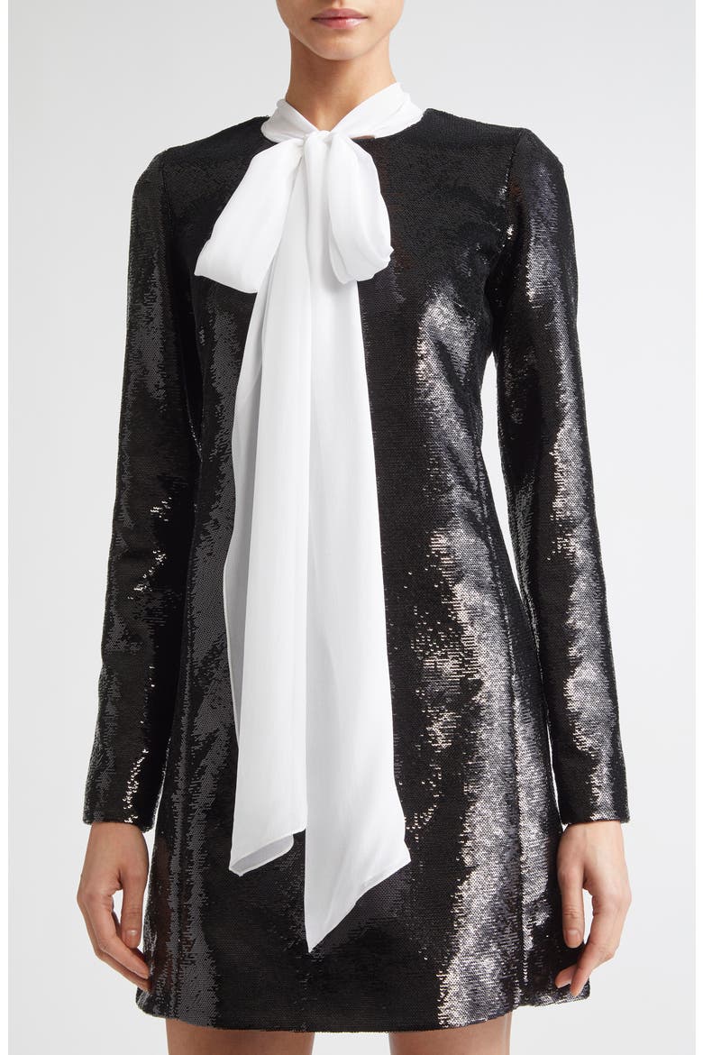 Bow Neck Long Sleeve Sequin Minidress, Alternate, color, BLACK