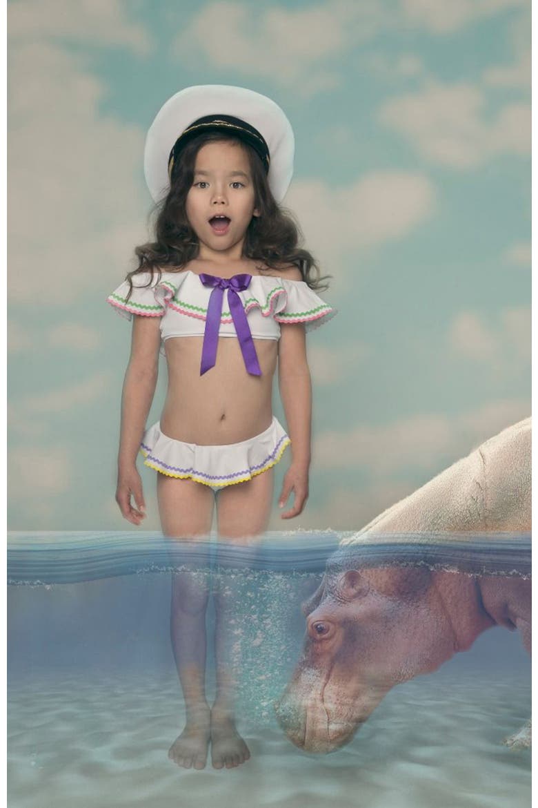 Ruffle & Bow Detail Two Piece Bikini,Toddler-Little Kid & Big Kid, Alternate, color, White