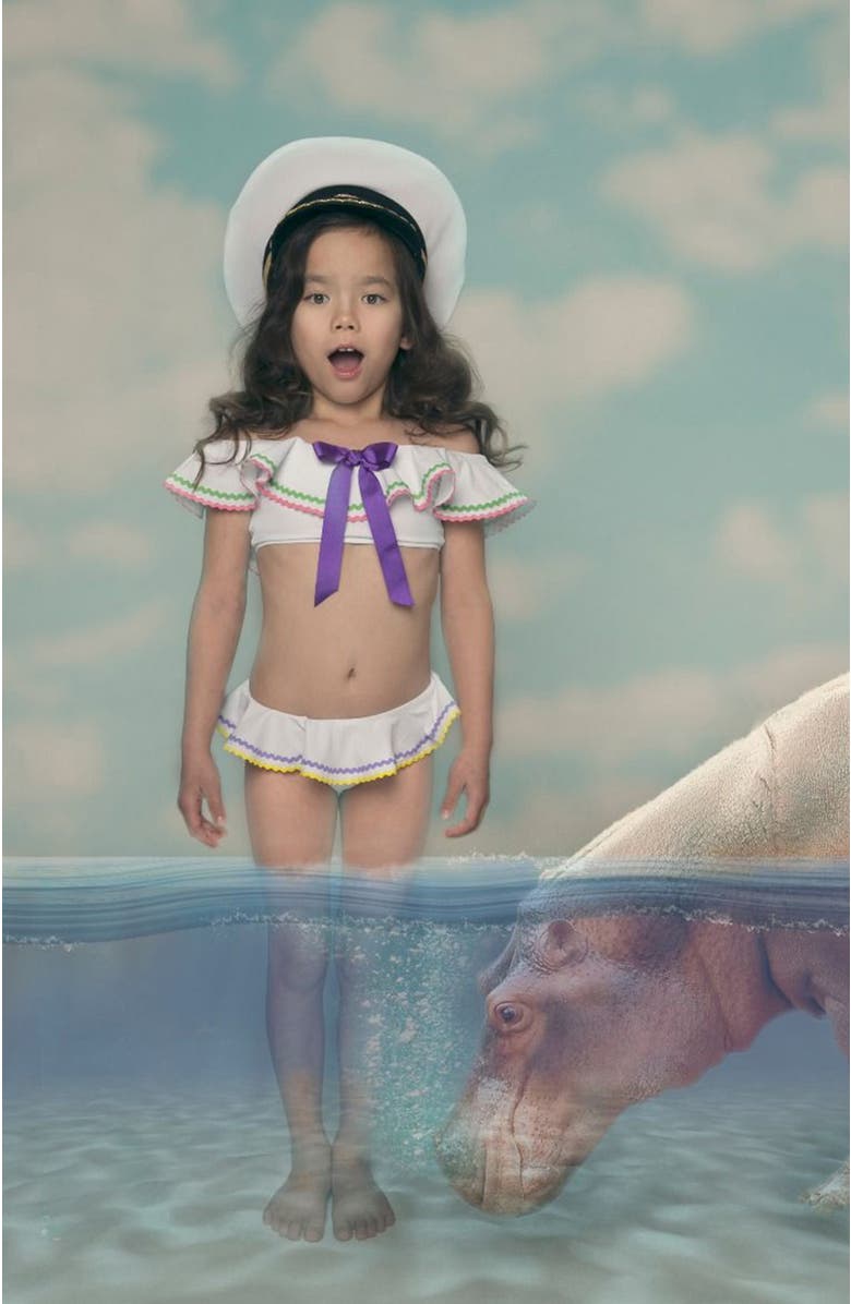 NESSI BYRD Ruffle & Bow Detail Two Piece Bikini,Toddler-Little Kid & Big Kid, Alternate, color, White