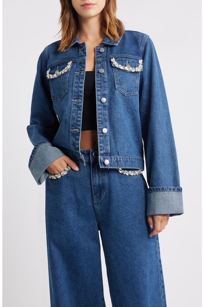 Rhinestone Detail Denim Trucker Jacket, Main, color, RINSE WASH