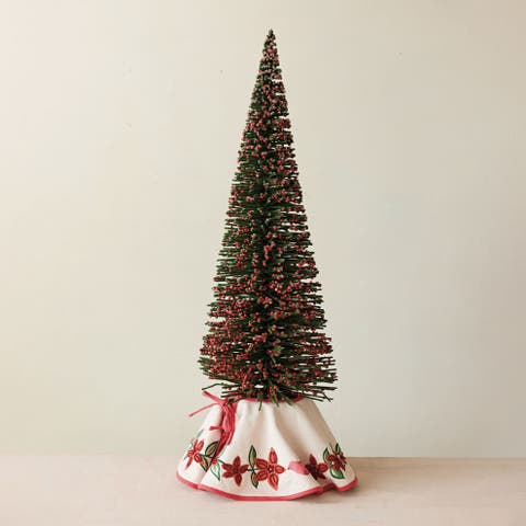 Embroidered Cotton Tree Skirt with Birds & Poinsettias