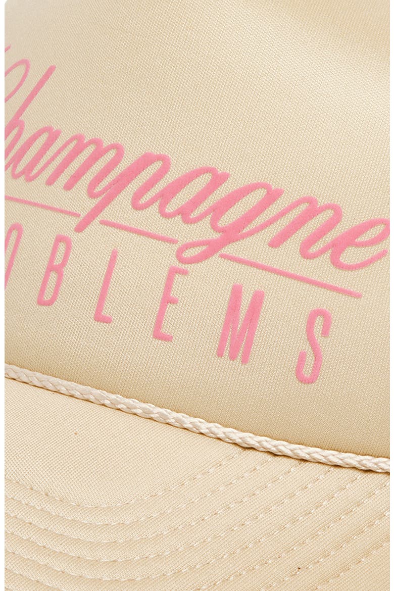 Champagne Problems Trucker Hat, Alternate, color, KHAKI/ PINK