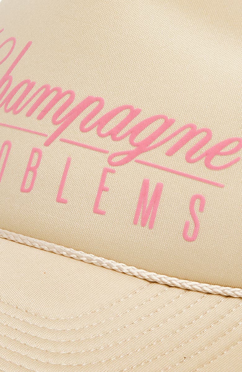 Local Beach Champagne Problems Trucker Hat, Alternate, color, Khaki/ Pink