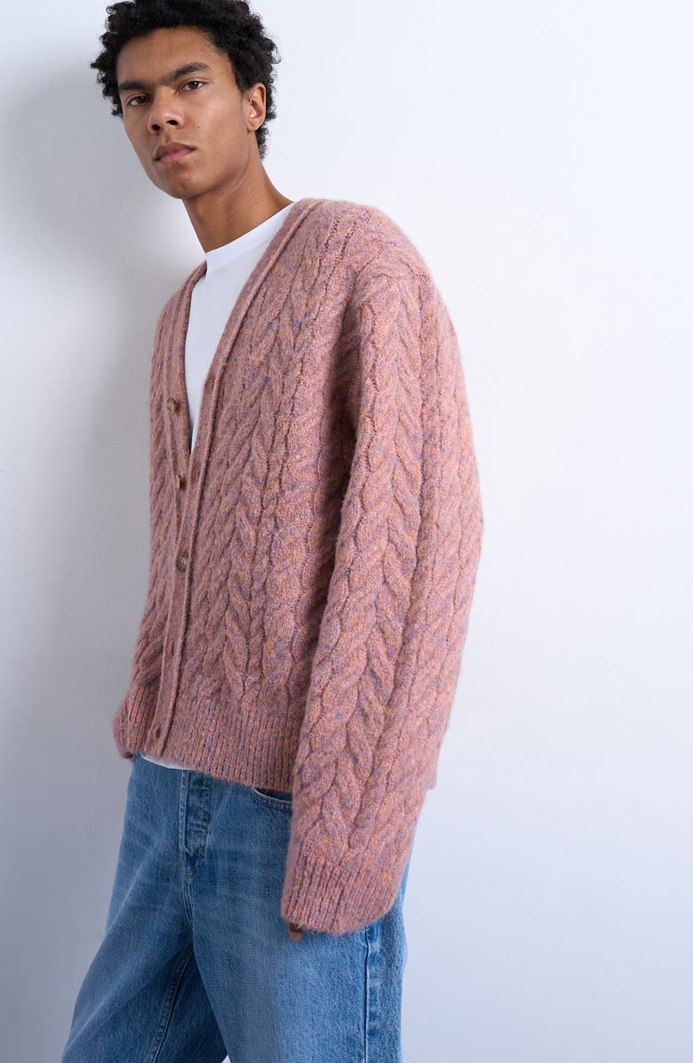Topman Marled V-Neck Cable Cardigan, Alternate, color, Pink