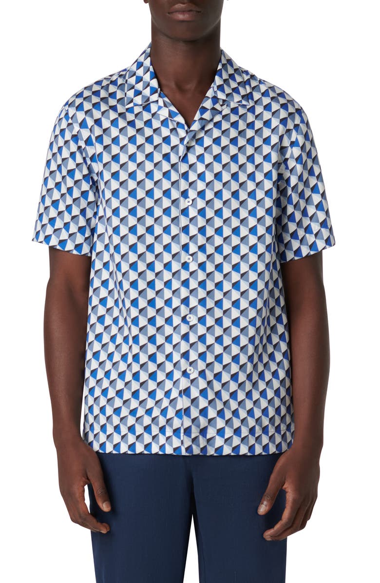 Bugatchi Jackson Shaped Fit Geo Print Short Sleeve Button-Up Camp Shirt, Main, color, Classic Blue