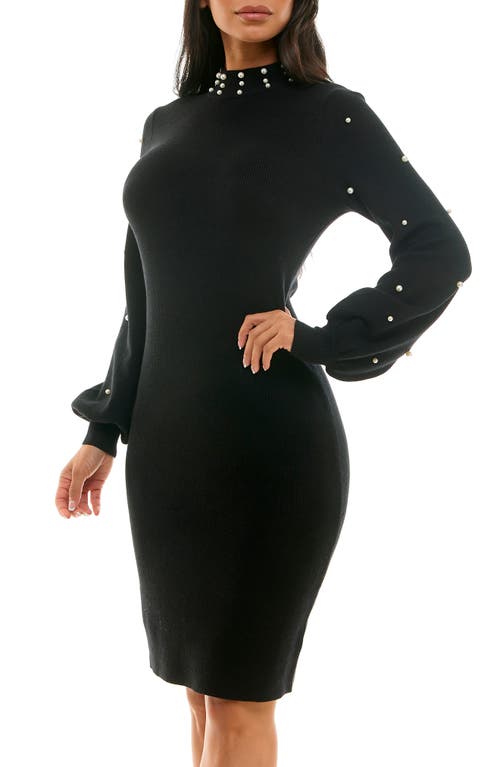 Nina Leonard Faux Pearl Bead Balloon Sleeve Sweater Dress In Black