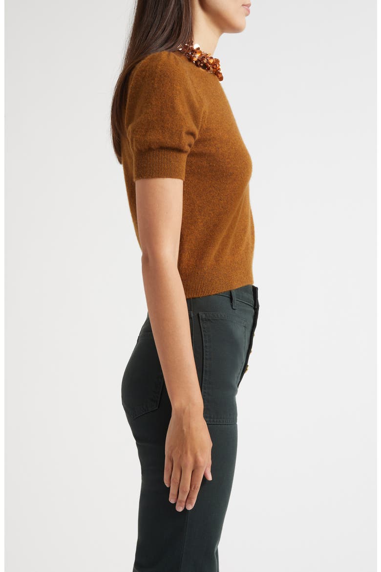 Crystal Collar Short Sleeve Cashmere Sweater, Alternate, color, UMBER
