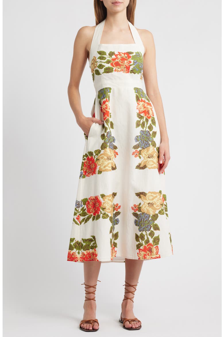 Milly Floral Cotton & Linen Halter Midi Dress, Main, color, JULIET PRINT