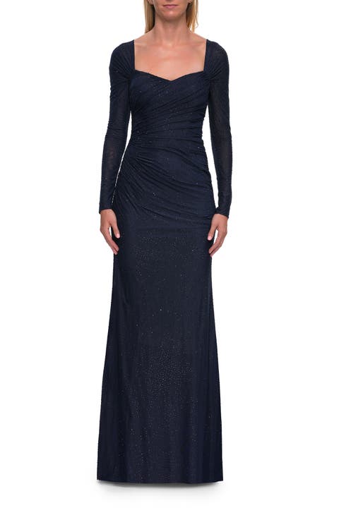 Long Sleeve Rhinestone Jersey Gown with Sweetheart