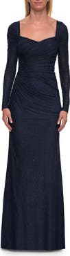 La Femme Long Sleeve Rhinestone Jersey Gown with Sweetheart