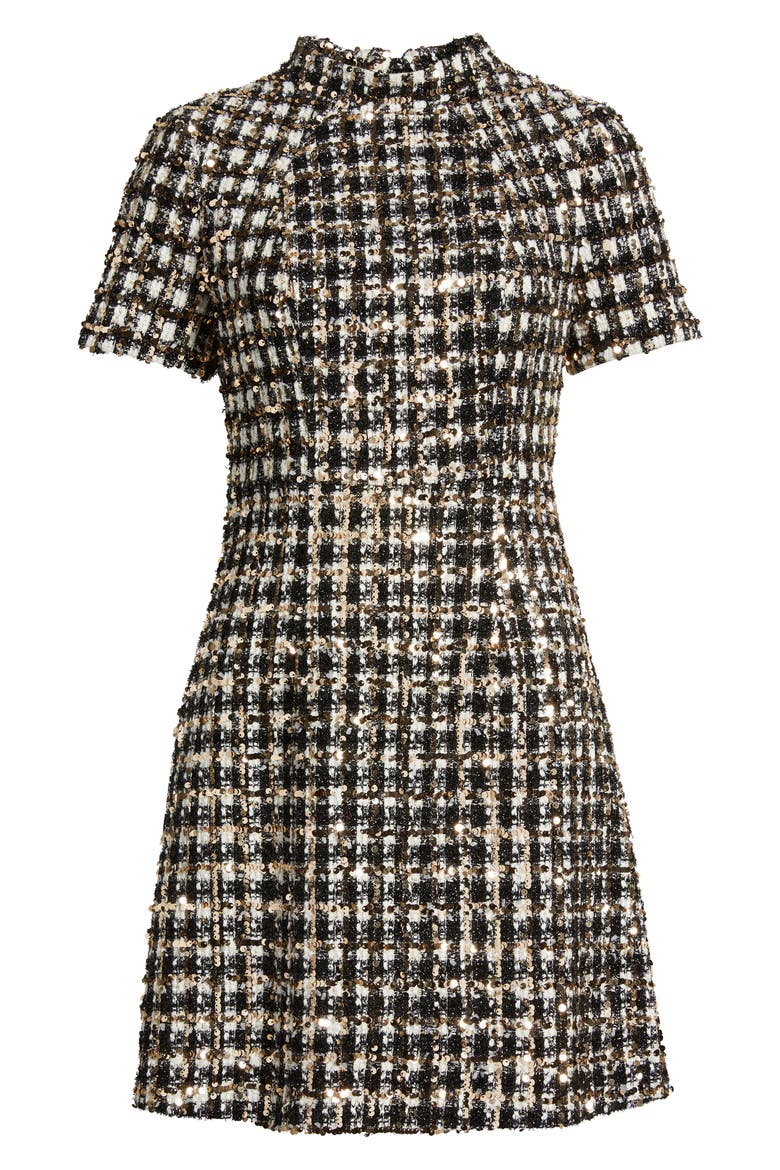 Sequin Tweed Dress, Alternate, color, WHITE BLACK