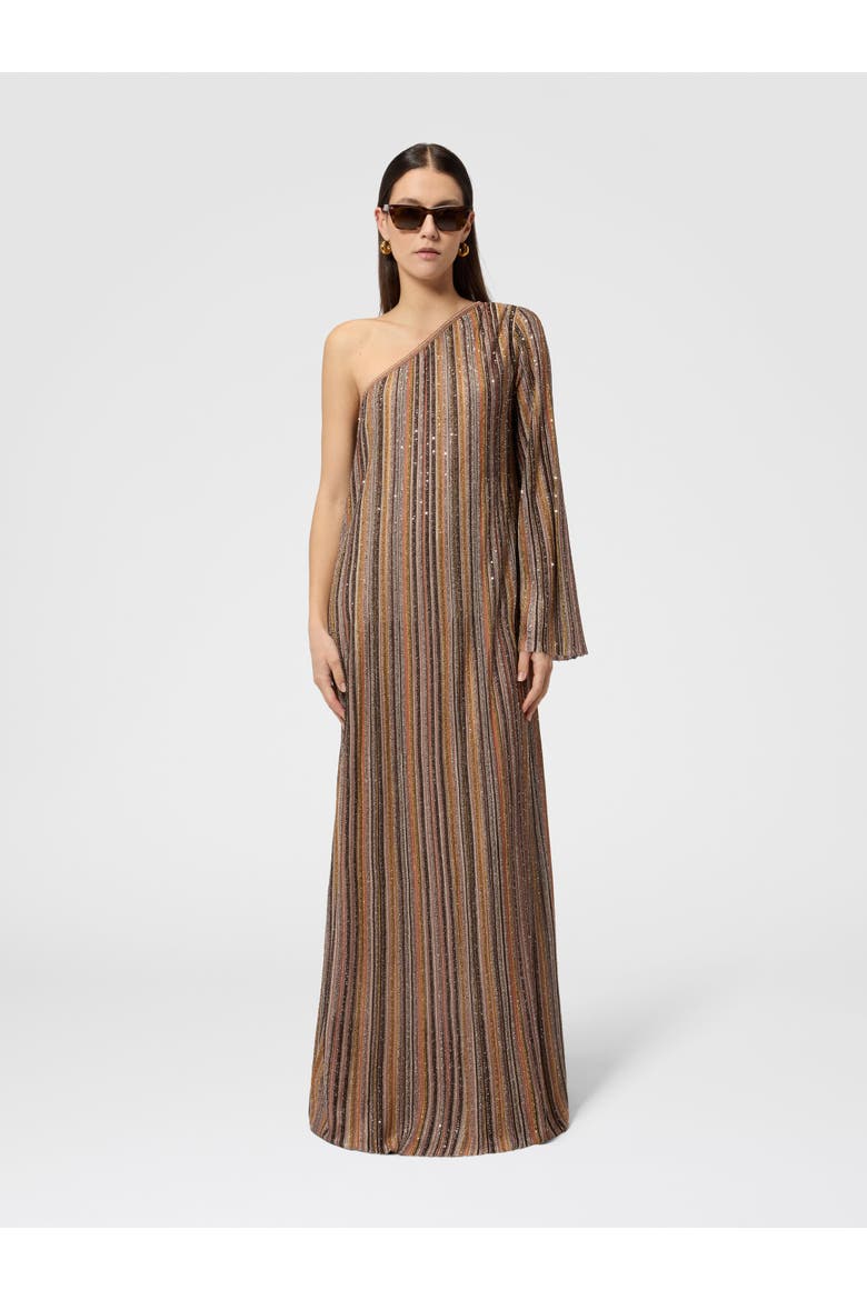 One-shoulder Long Dress In Ribbed Viscose Lamé, Alternate, color, Gold& Beige