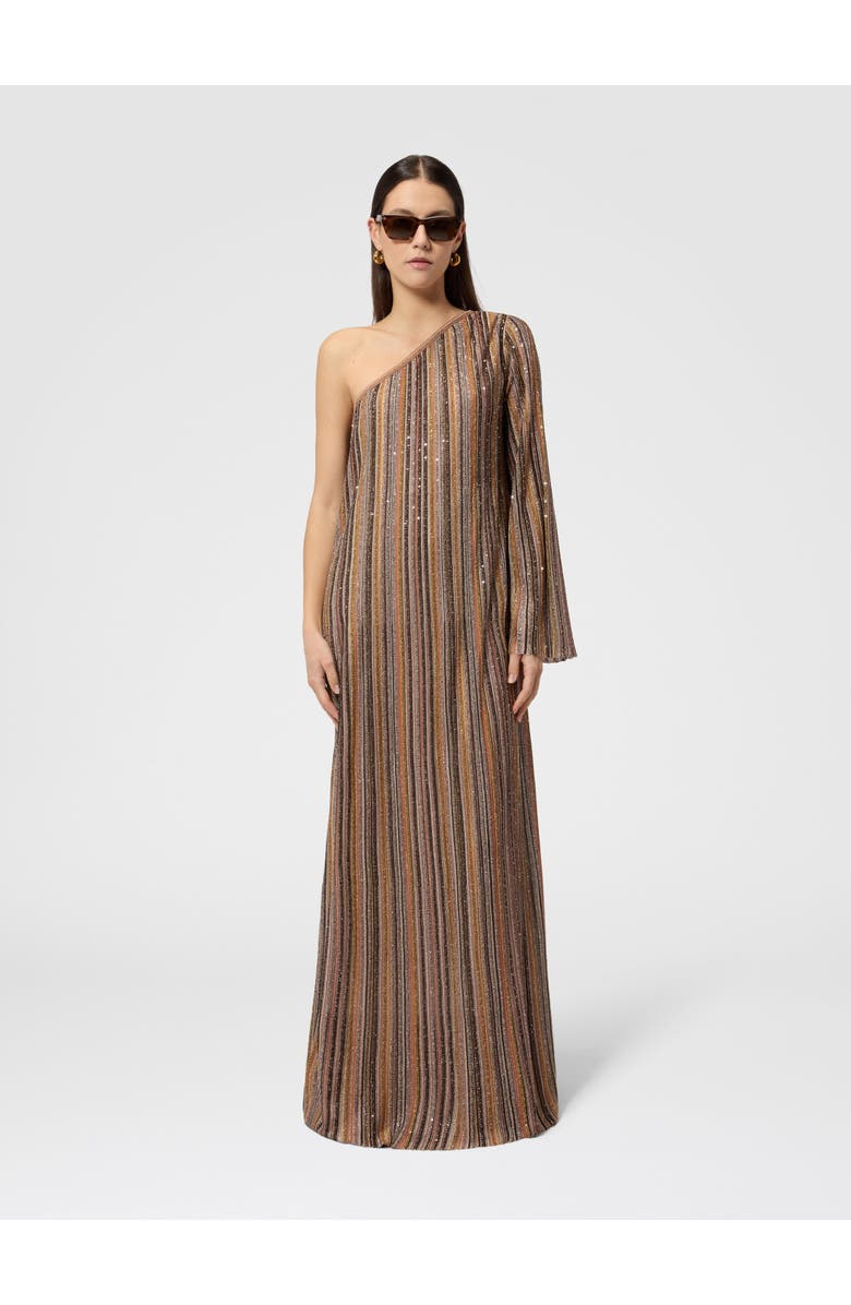 Missoni One-shoulder Long Dress In Ribbed Viscose Lamé, Alternate, color, Gold& Beige
