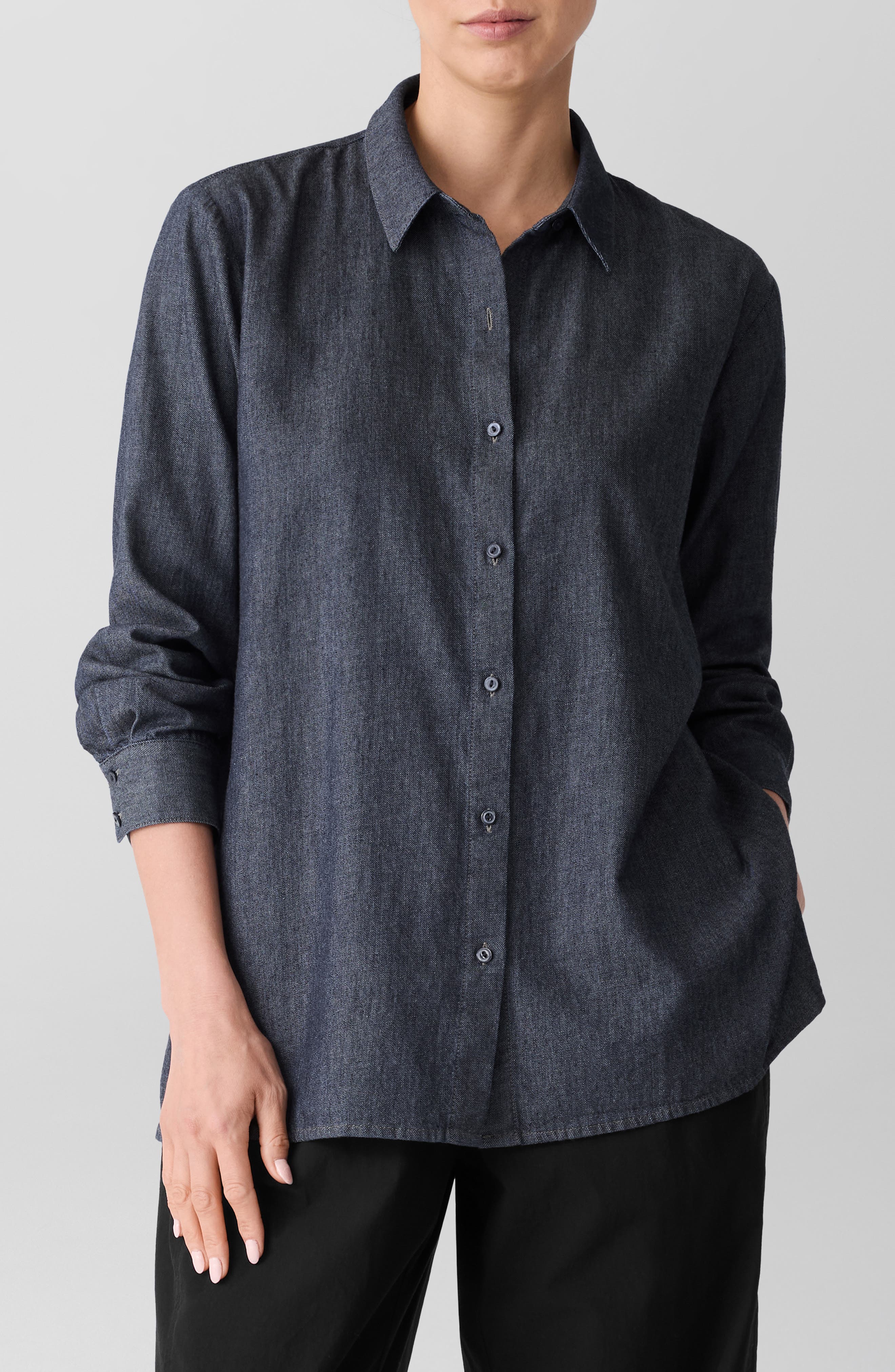 Eileen Fisher Classic Long Sleeve Organic Cotton Chambray Button-Up Shirt