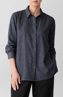 Eileen Fisher Classic Long Sleeve Organic Cotton Chambray Button-Up Shirt