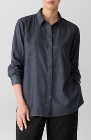 Eileen Fisher Classic Long Sleeve Organic Cotton Chambray Button-Up Shirt