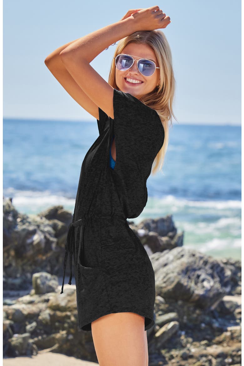 Beach Date Burnout Jersey Cover-Up Romper, Alternate, color, BLACK