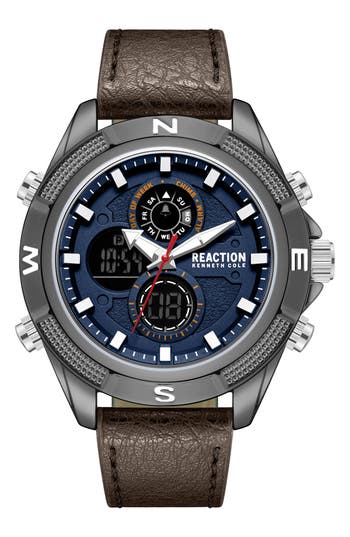 Kenneth Cole Reaction Analog & Digital Faux Leather Strap Watch, 48.2mm