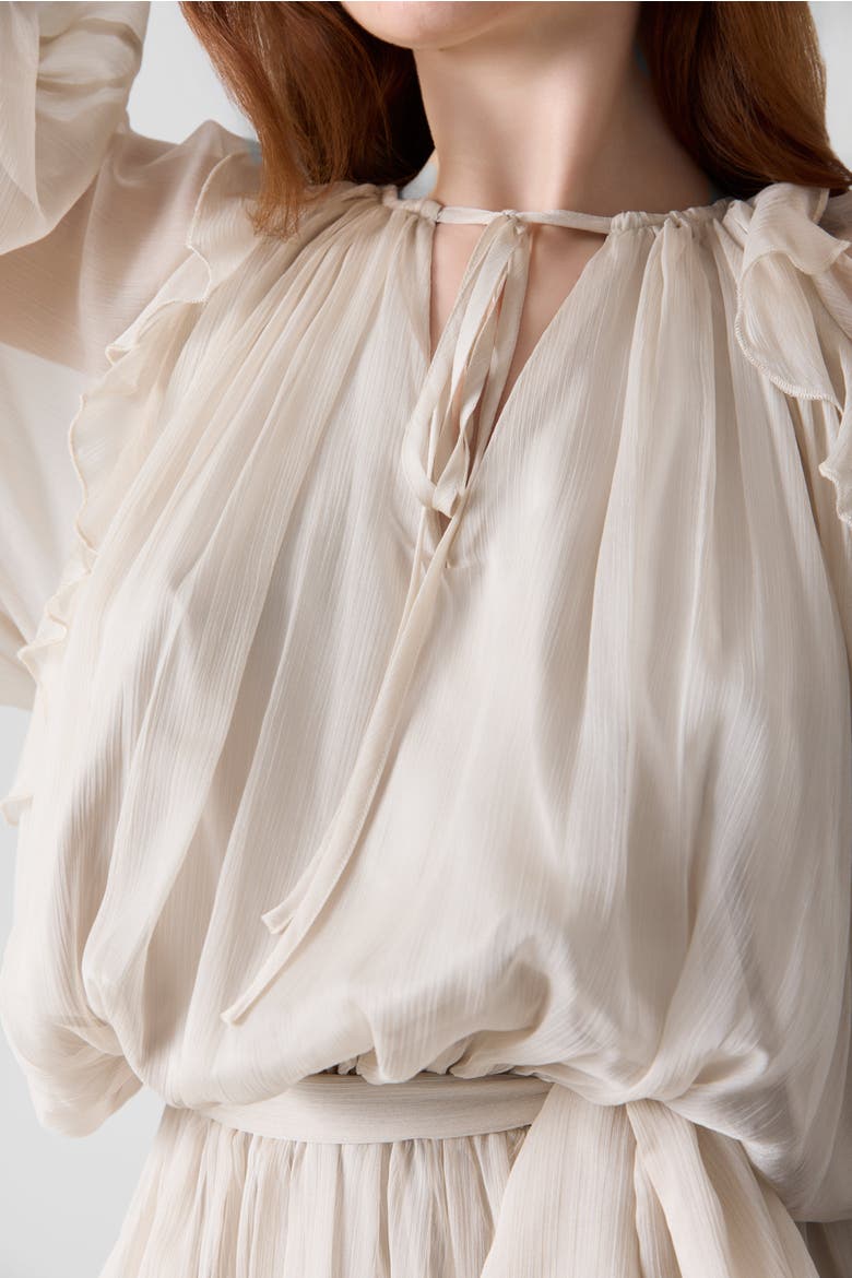 Silk Chiffon Tie Belt Short Dress, Alternate, color, Light Beige