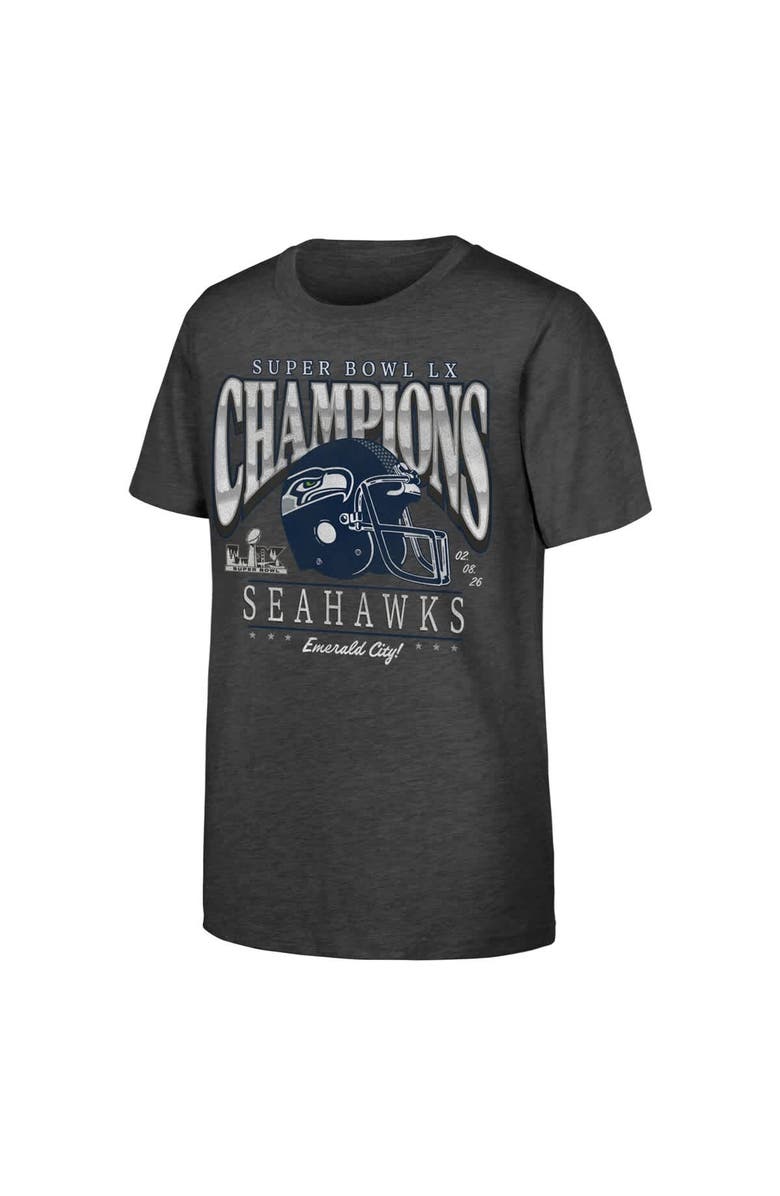 FANATICS Youth Fanatics Charcoal Seattle Seahawks Super Bowl LX Champions Prestigious Run Helmet T-Shirt, Alternate, color, Charcoal