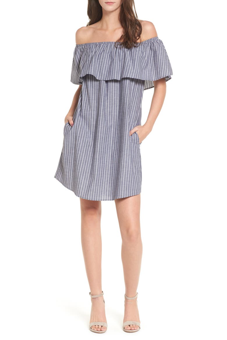 Amanda Ruffle Off the Shoulder Dress, Main, color, CHARCOAL STRIPE