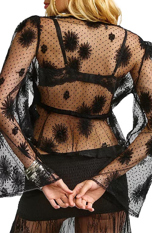 Saachi Sheer Floral Mesh Bell Sleeve Tie Front Top In Black