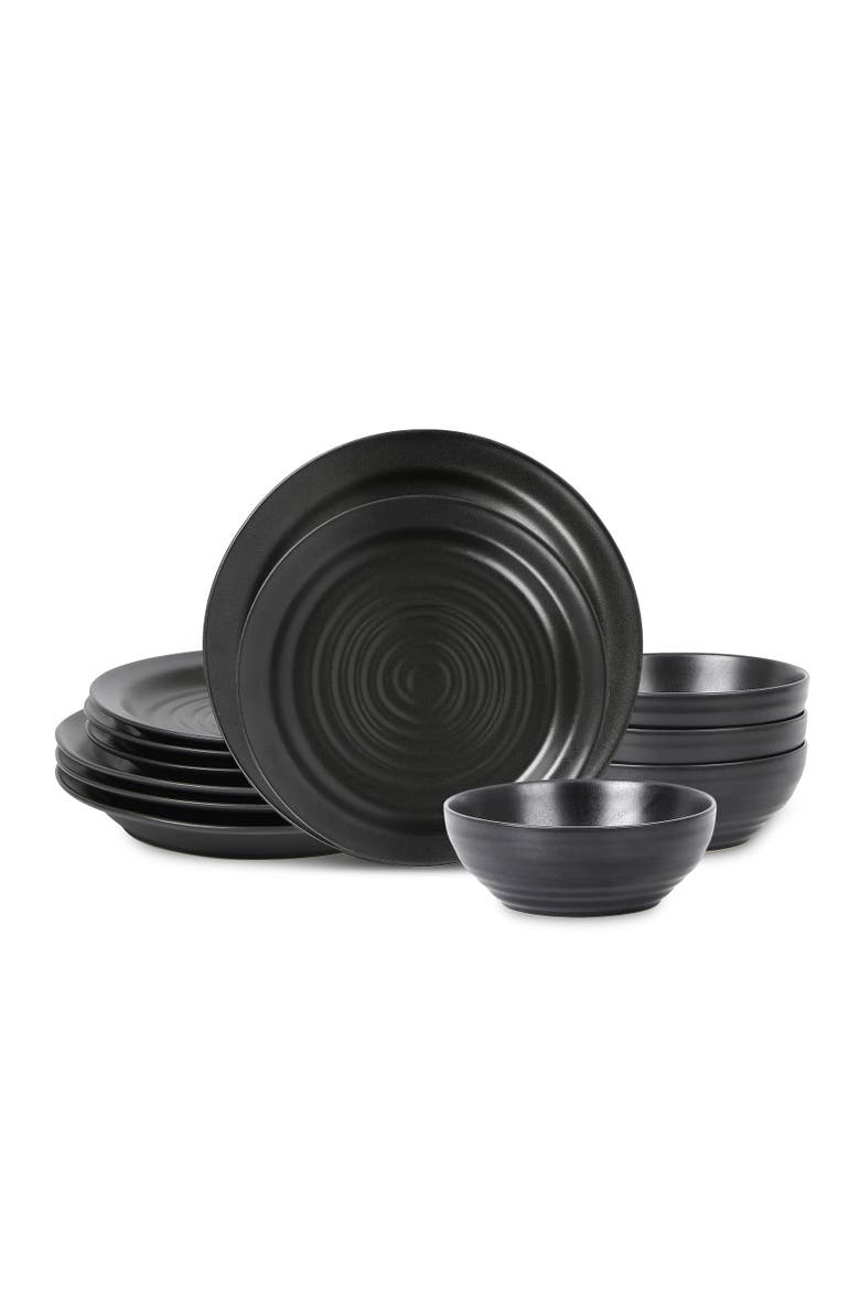 Orbit Stoneware 12-Piece Dinnerware Set with Cereal Bowls, Main, color, Charcoal