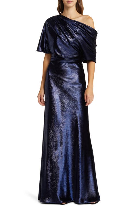 One-Shoulder Metallic Velvet Gown