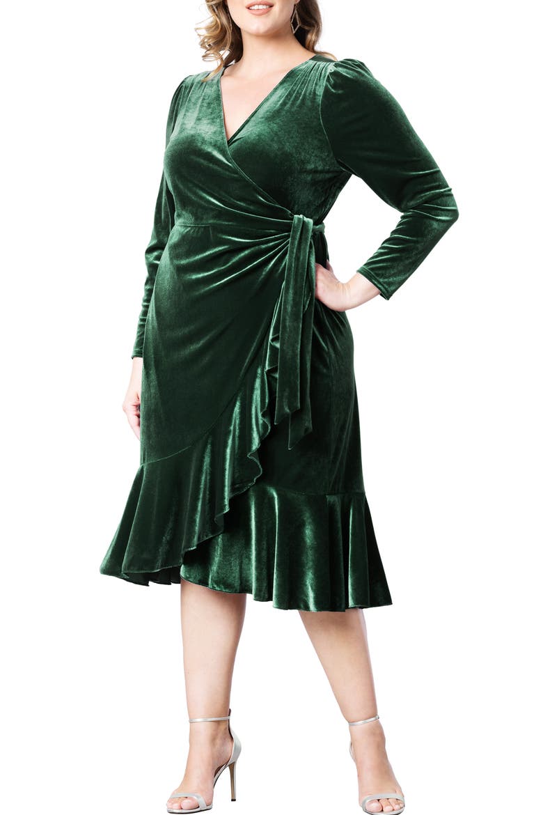 Viola Velvet Wrap Midi Dress, Alternate, color, EMERALD GREEN