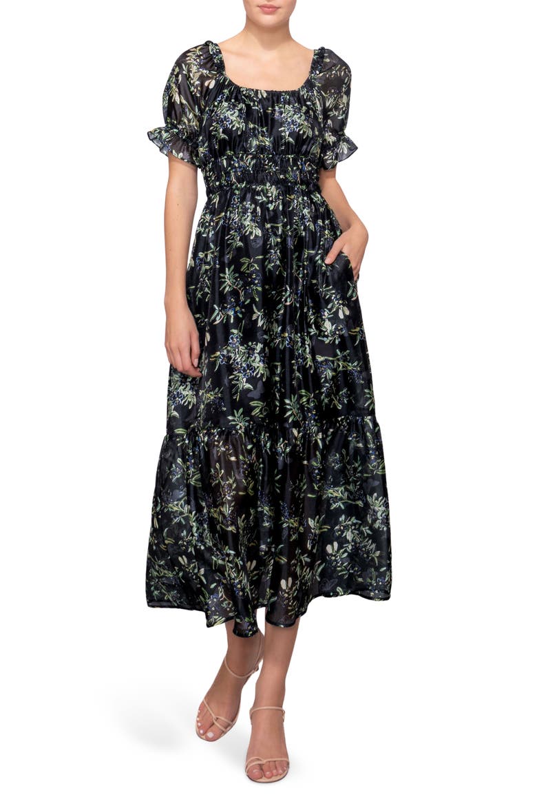 Shirred Puff Sleeve Maxi Dress, Main, color, BLACK MULTI