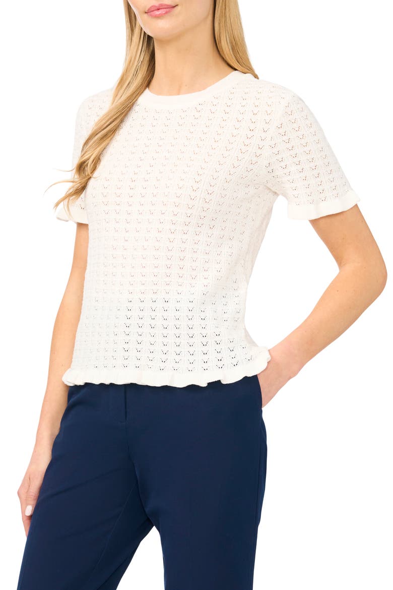 Ruffle Trim Pointelle Stitch Short Sleeve Sweater, Main, color, NEW IVORY
