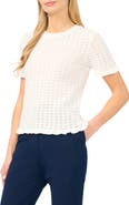 Halogen® Ruffle Trim Pointelle Stitch Short Sleeve Sweater