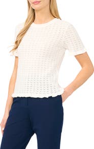 Halogen® Ruffle Trim Pointelle Stitch Short Sleeve Sweater