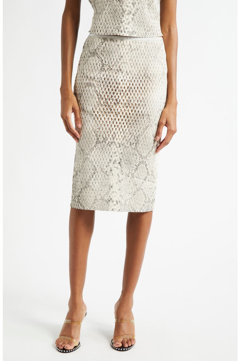 Snake Embossed Mesh Leather Midi Skirt, Main, color, IVORY