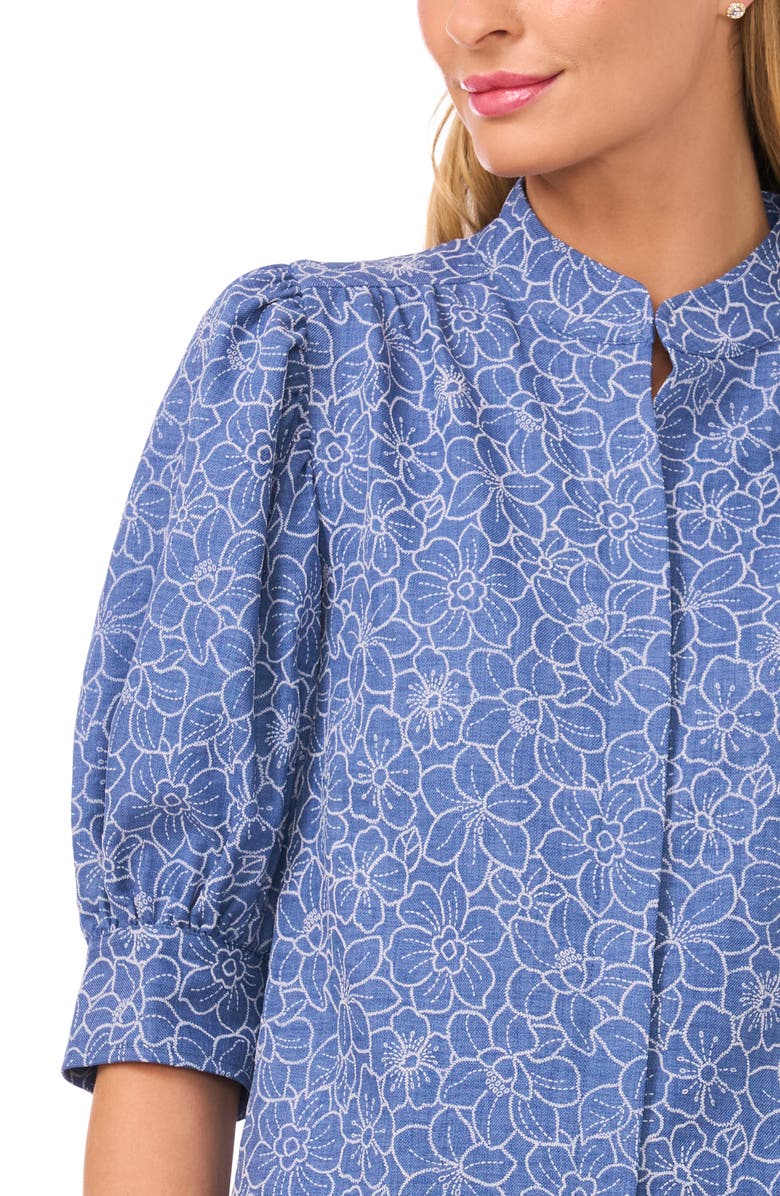 CeCe Daisy Puff Sleeve Chambray Button-Up Shirt, Alternate, color, Classic Navy