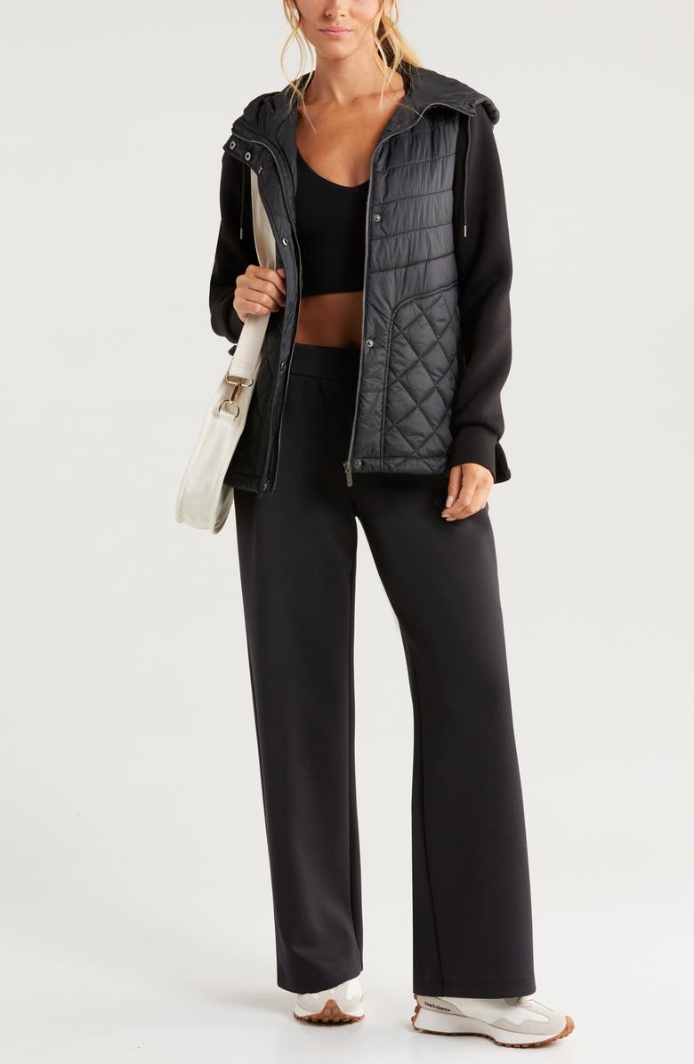 Zella Hybrid Quilted Knit Hooded Jacket, Alternate, color, Black