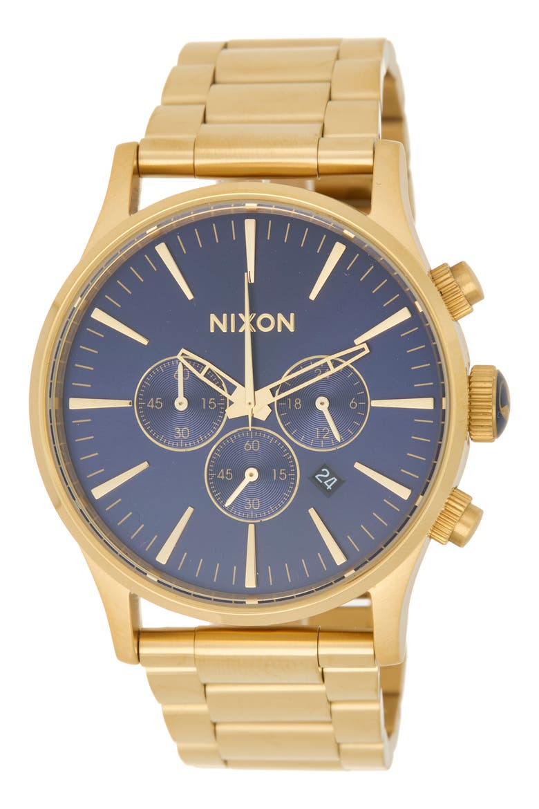 Sentry Chronograph Bracelet Watch, 42mm, Main, color, GOLD / BLUE SUNRAY