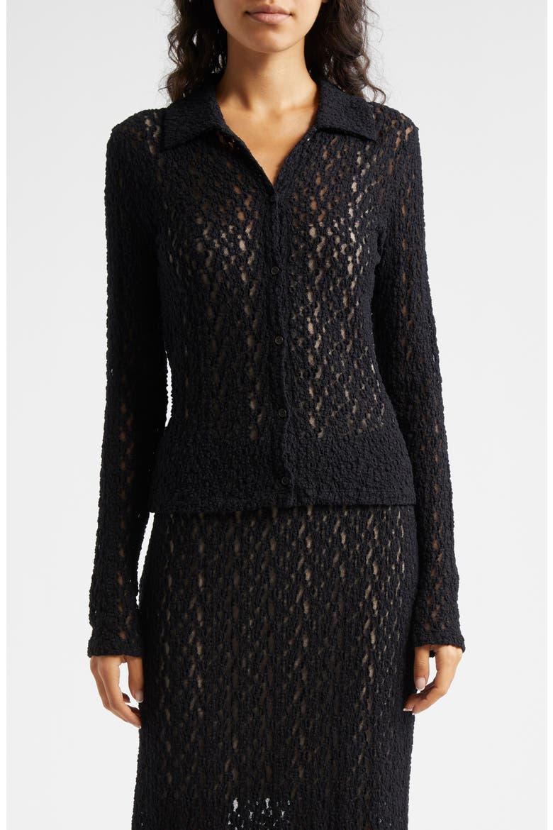 Floral Lace Button-Up Shirt, Main, color, BLACK