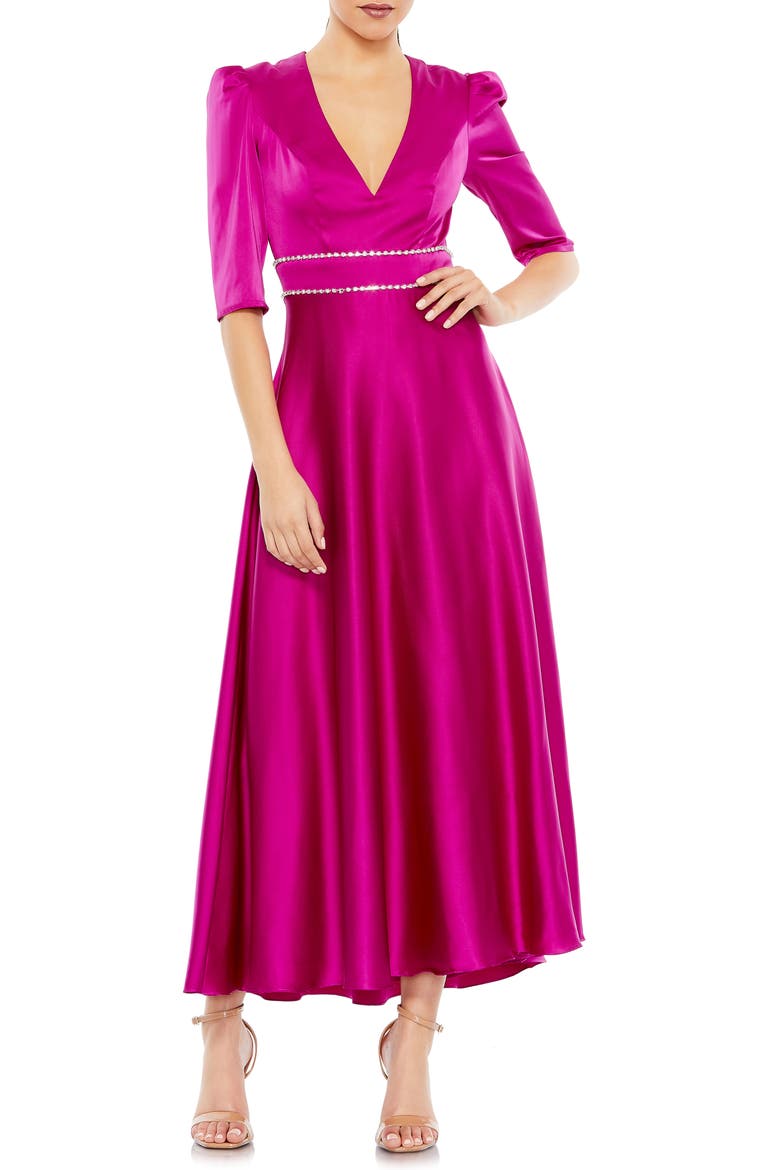 Beaded Empire Waist Satin Cocktail Dress, Main, color, FUCHSIA